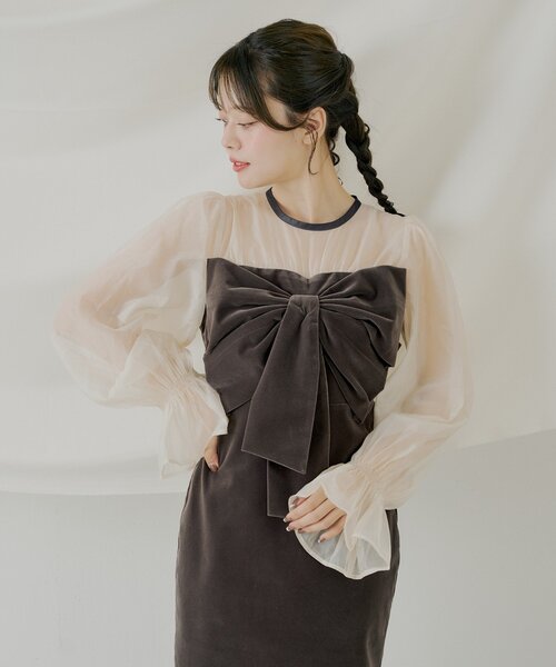 Chico（チコ） ドレス 「SALON by Chico」配色シアーリボンベロア