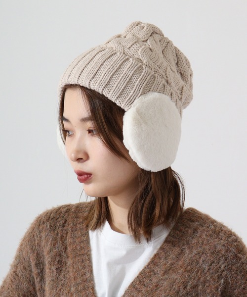 TESTIFY ニット帽 ニットキャップ ファー耳付きケーブルニットキャップ