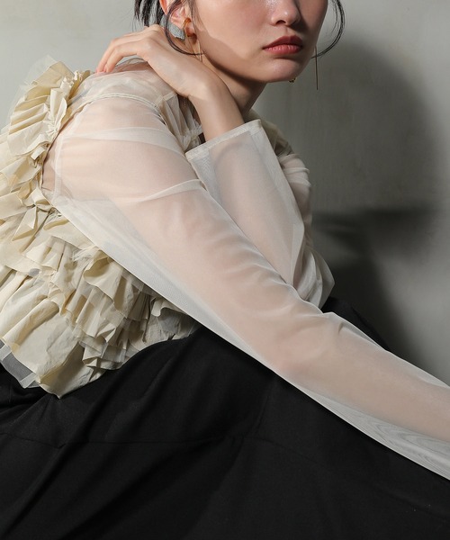 Kana ドレス ボリュームフリルベスト シアートップス キャミワンピ