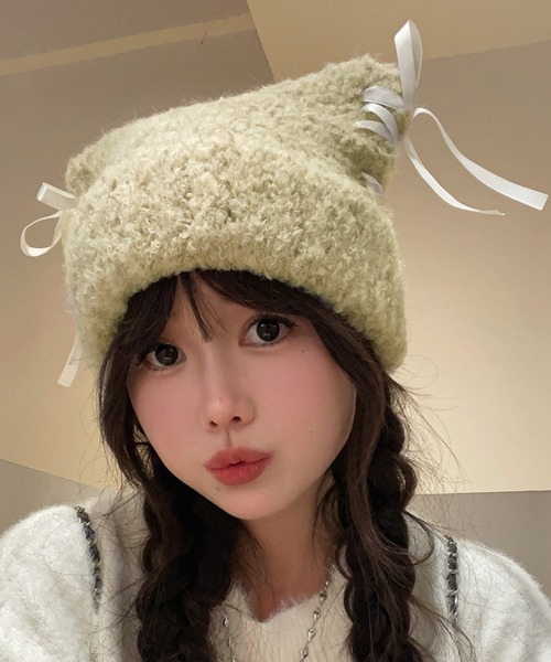 ニット帽 ニットキャップ Nia(ニア)/レースアップリボン 猫耳ビーニー