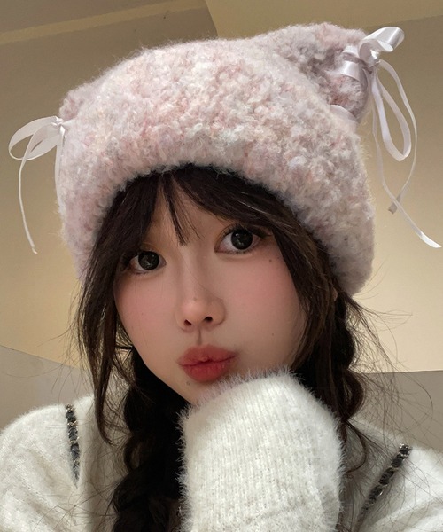 ニット帽 ニットキャップ Nia(ニア)/レースアップリボン 猫耳ビーニー