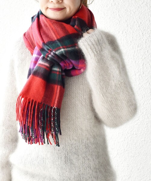 ジョンストンズ オブエレガン】カシミヤ100% マフラー 大判 赤