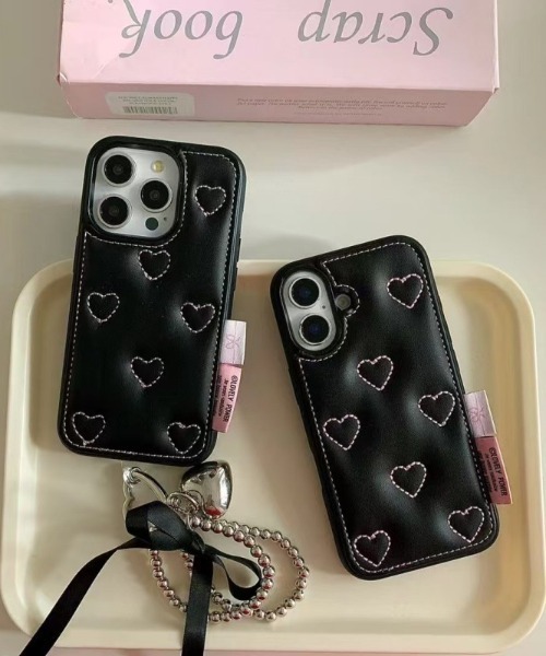 スマホケース チャーム付き リボン / ハート キルティング フェイク