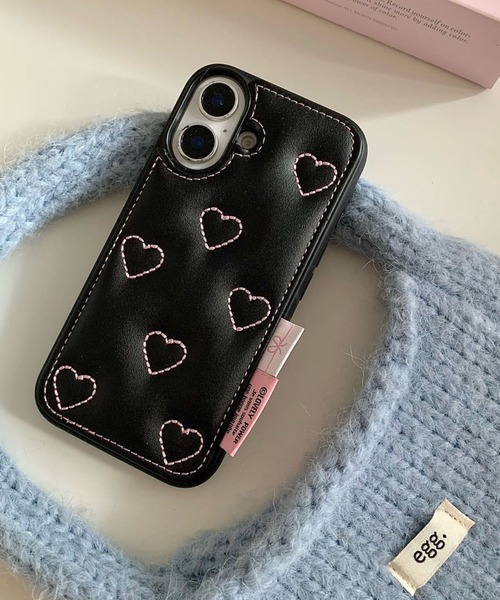 スマホケース チャーム付き リボン / ハート キルティング フェイク