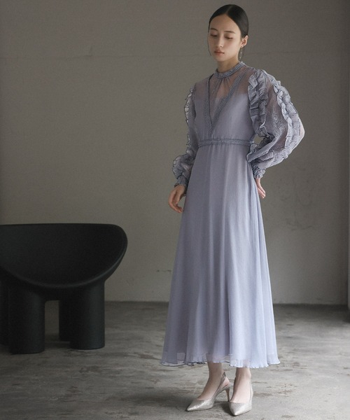 GIRL DRESS FOR NOW ドレス 袖フリルレース切替え フレア ロング 結婚