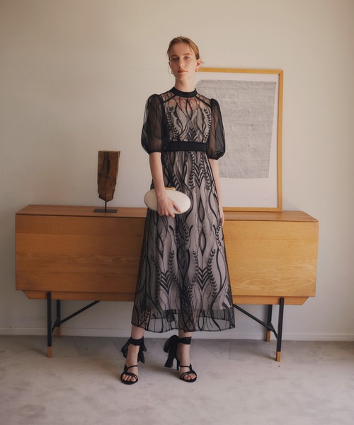 LEJA-スパンコール刺繍レースプチハイネックフリルロングドレスワンピース