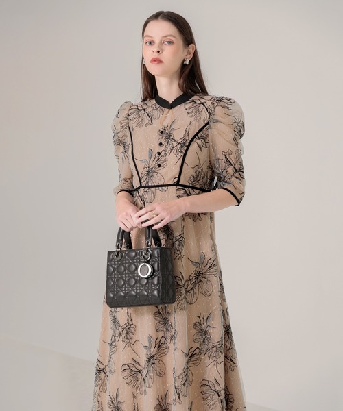 Leja（レジャ） ドレス 「LEJA」配色パイピングプチハイネック花柄刺繍