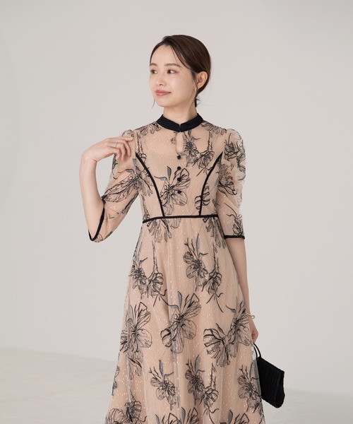 Leja（レジャ） ドレス 「LEJA」配色パイピングプチハイネック花柄刺繍