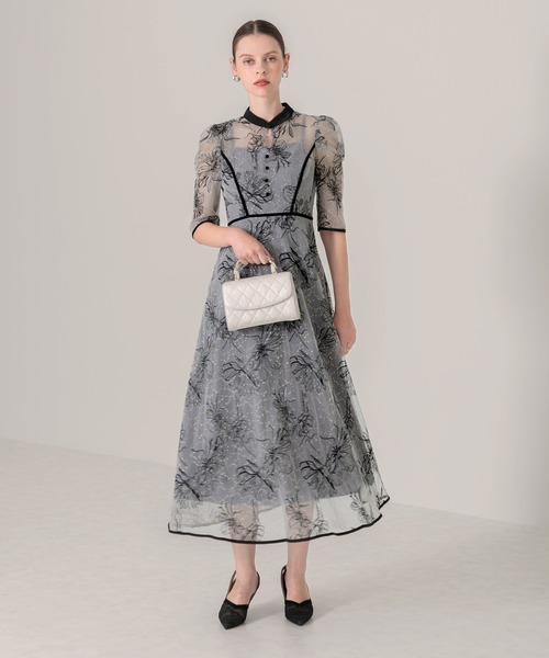 Leja（レジャ） ドレス 「LEJA」配色パイピングプチハイネック花柄刺繍