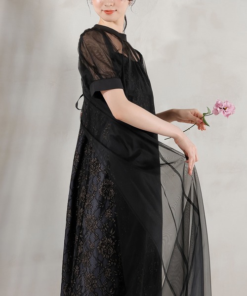 Kana ドレス チュールバックデザインリボンワンピ ラメレースキャミ