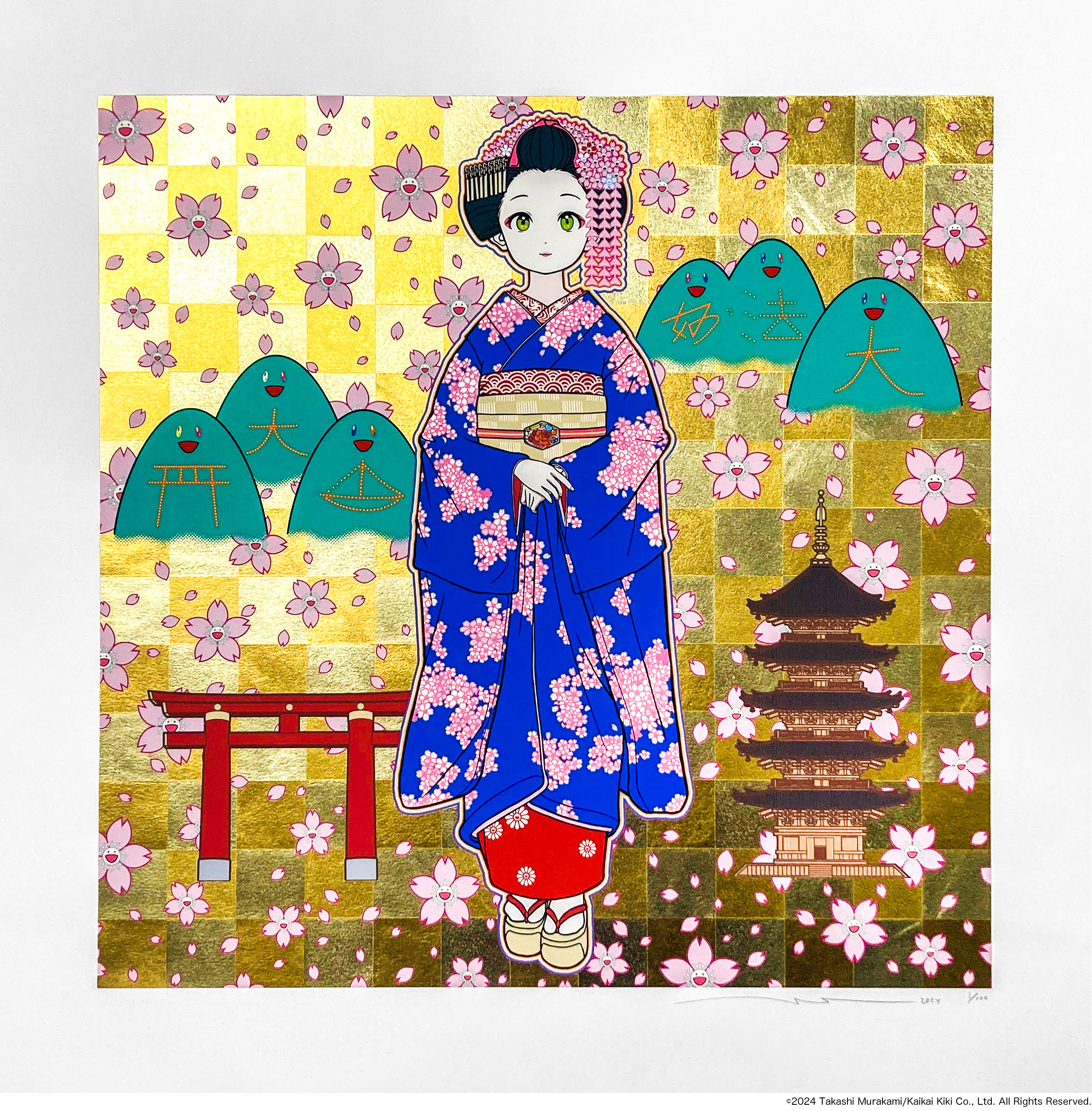 mebae × 村上隆版画smile_02ブルーヘアー、ピンクヘッドホンwM.F