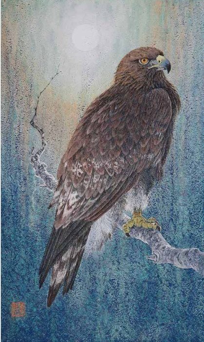 真作】絵画日本画静寂の森の鷹伝統技法による自然美精緻な描写V90