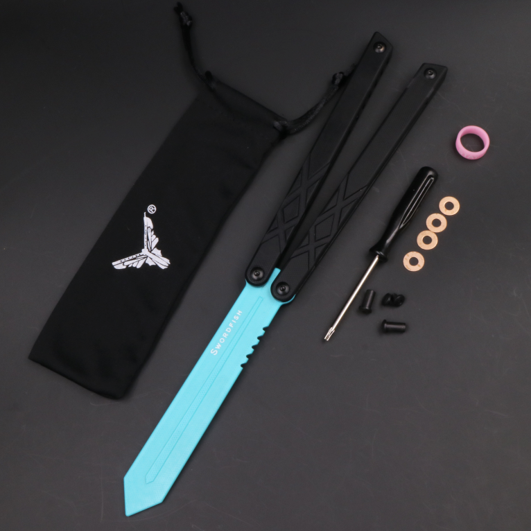 Swordfish Balisongトレーナーフリッパー,安全な屋外バタフライナイフ