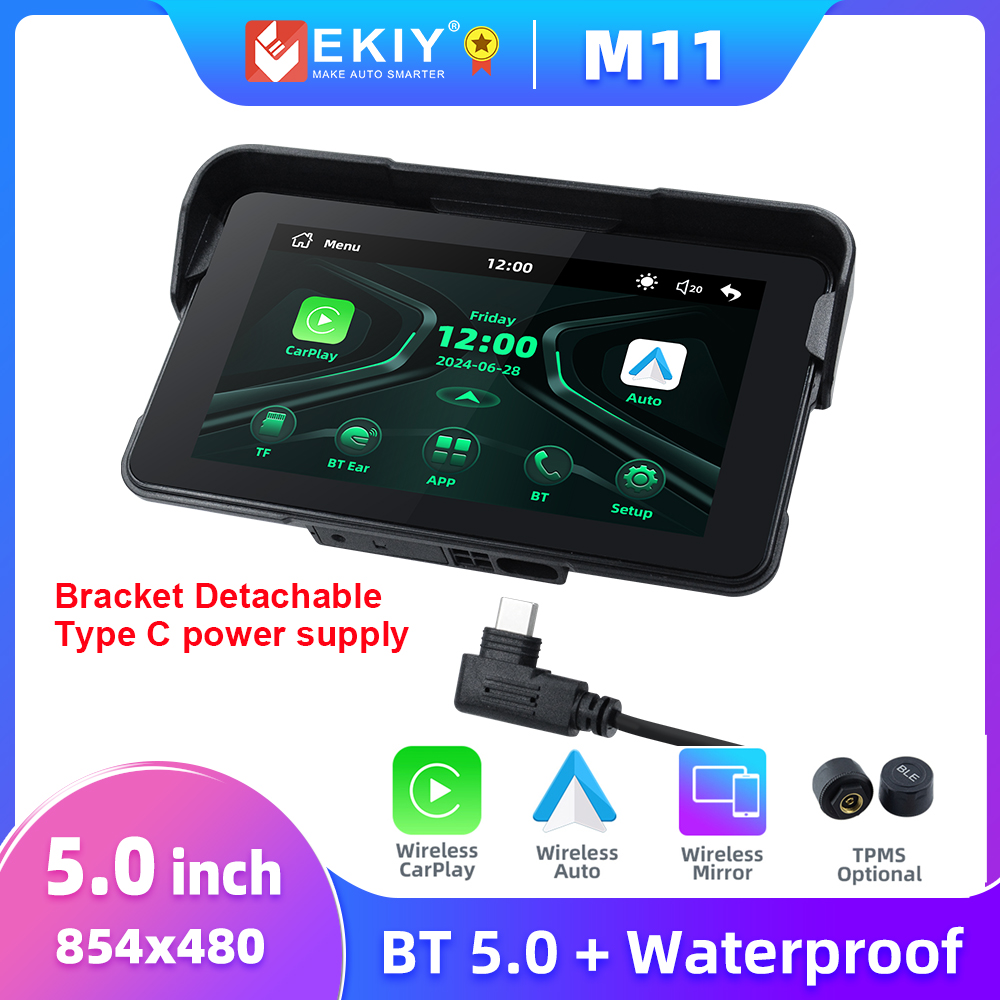 EKIY 5インチ バイク用ワイヤレスCarPlay Android Auto対応