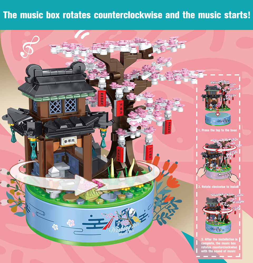 BZDA Japanese Sakura Tree House With Lighting Rotating Music Box