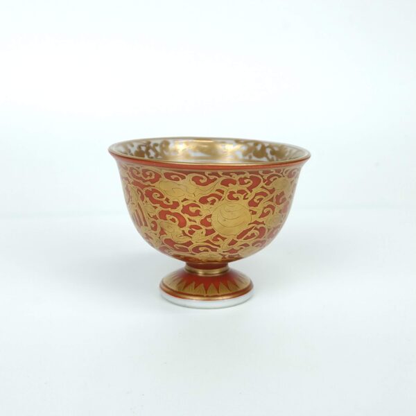 飛HT】古九谷 赤絵金彩 馬神獣鳳凰文盃 時代箱付 古玩 CDXX