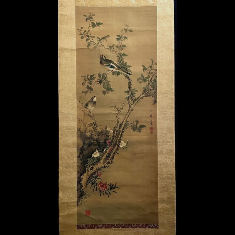 百 貫 俊 夫 作 彩色花鳥画 【 尾長石楠花之図 】号に華峰