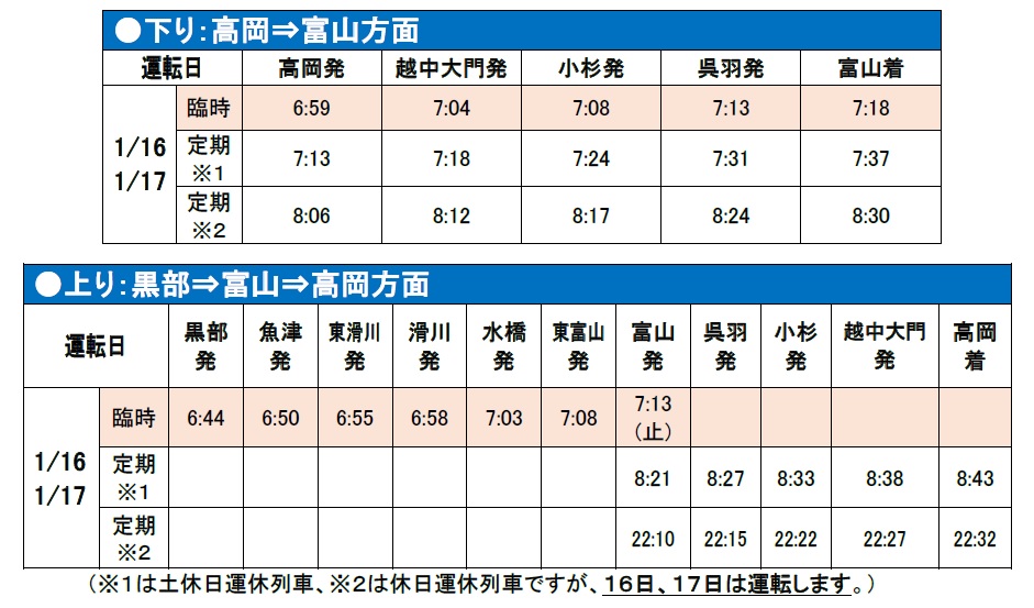 大学入学共通テスト実施に伴う列車の運転について | あいの風とやま