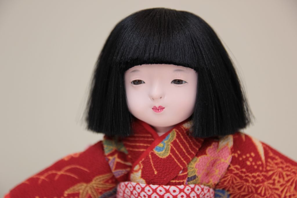 市松人形 特小 正絹ちりめん衣裳 赤色 映水作 約16センチ かわいい