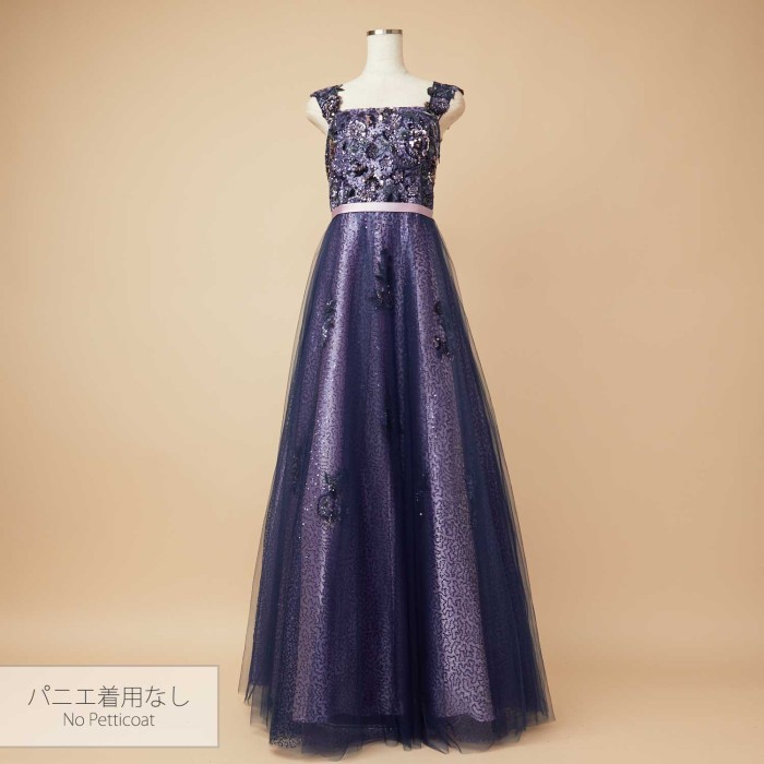 彩りビーズ刺繍ネイビーカラースパンコールドレス