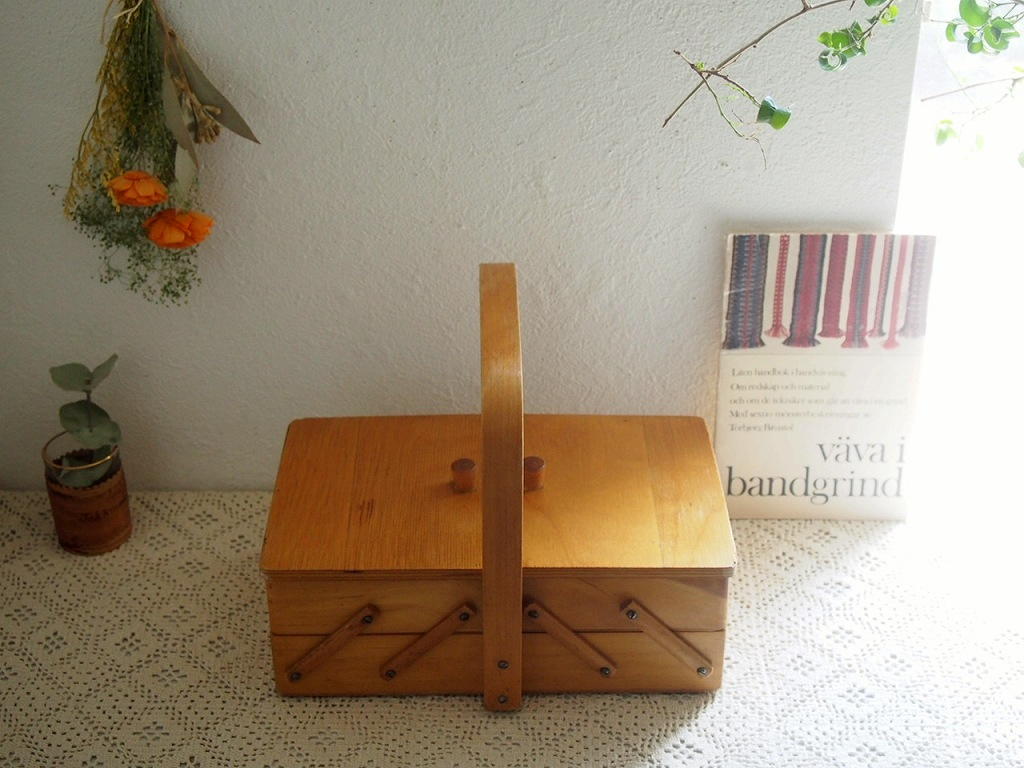 ヴィンテージ木製手装飾ソーイングボックス、裁縫箱、収納ボックス