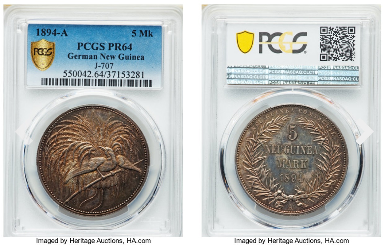 ドイツ領ニューギニア 1894年 極楽鳥 5マルク銀貨 【MS64