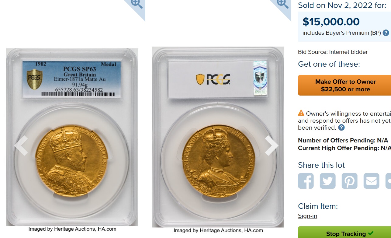 1902年エドワード7世戴冠式大型ゴールドメダル【SP63】 | アンティーク