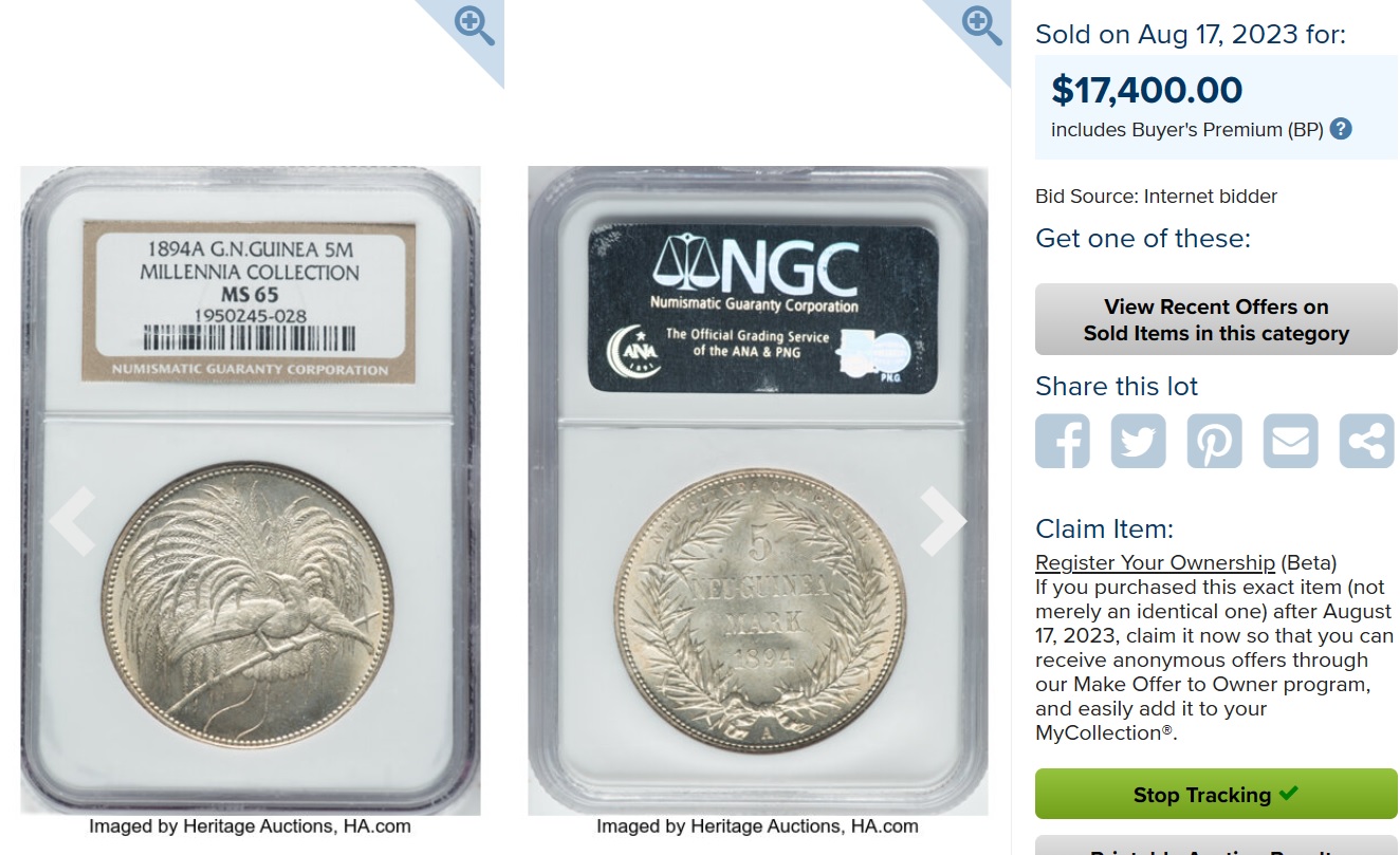 銀貨と言えばこれ！】ドイツ領ニューギニア 1894年 極楽鳥 5マルク銀貨