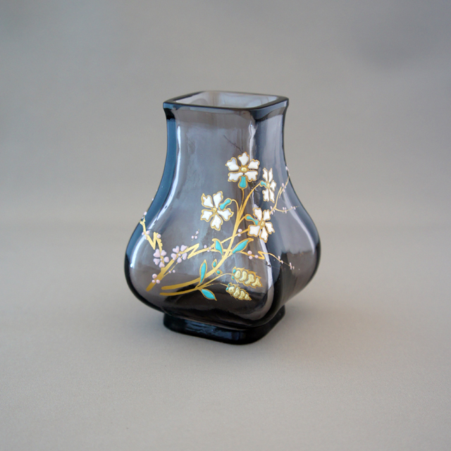 送料無料 時代物 被せガラス蔦葛文扁壺 花文花瓶 高さ23.5cm