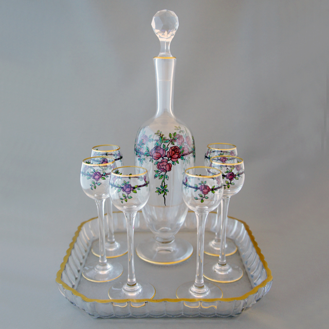オールドバカラ「エナメル彩 薔薇文様 リキュールセット