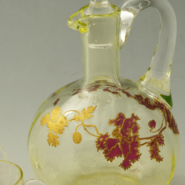 骨董 時代ガラス 希少 金赤ガラス 掻き揚げ紋 カラフェ 酒器 ウラン