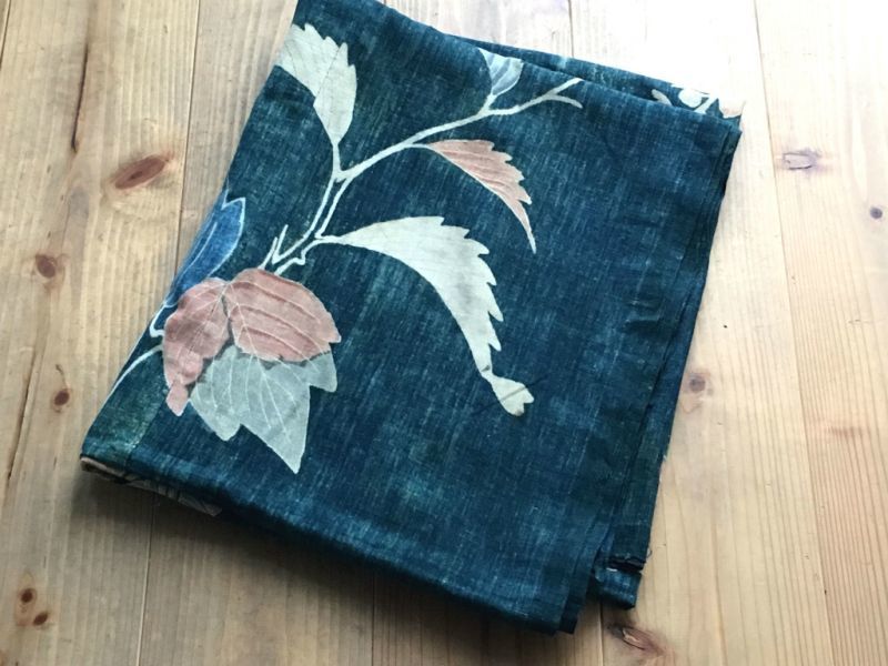 古布 藍染木綿 桐に鳳凰 筒描き 5巾 藍染グリーン - 生活骨董と古布の