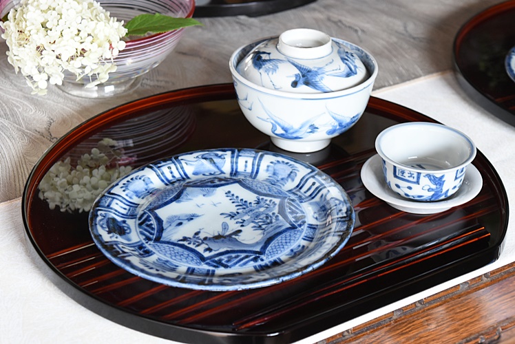 李朝 古染付 染付 華の図 古玩 平茶碗 茶道具 菓子鉢