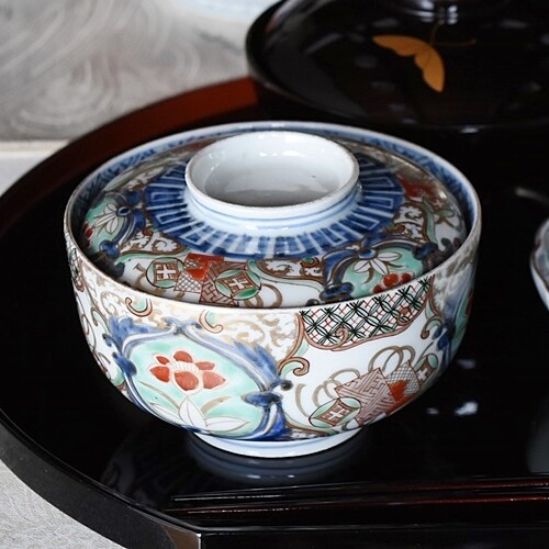 染付伊万里焼 蓋茶碗 ニ客】骨董 アンティーク 和食器 料亭 料理 染付