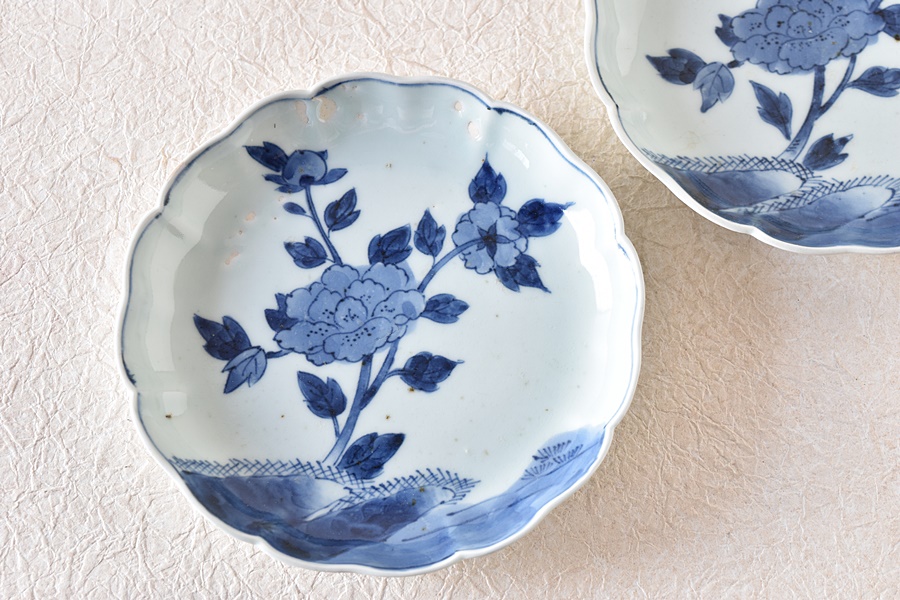 424 骨董 アンティーク 古伊万里 成化年製 染付 5寸輪花皿 2点組 幕末