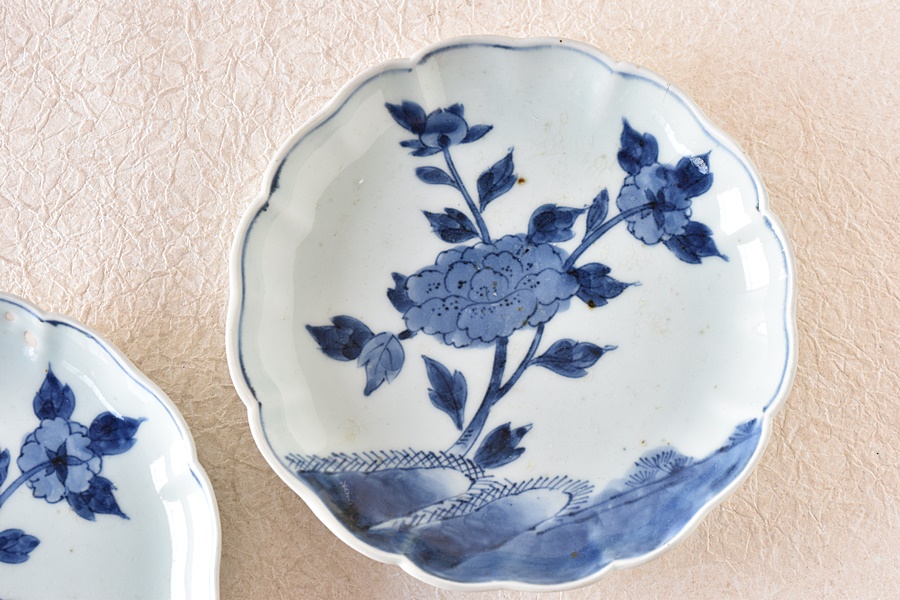 骨董 古伊万里 七寸皿 色絵 輪花 アンティーク 中皿 陶器 4枚 皿 骨董