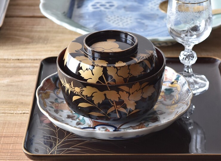 時代漆器 天然木製漆塗 菊金蒔絵 煮物椀 - 生活骨董と古布の