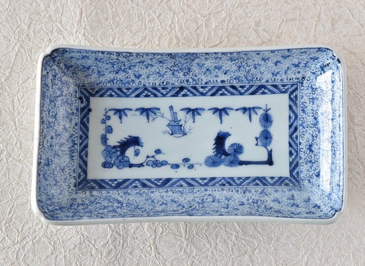 貴重）古伊万里 江戸期天保年 染付扇形地図皿 M320 貴重）古伊万里