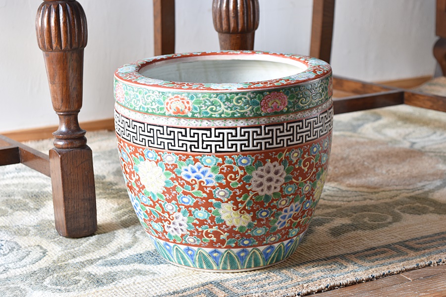 骨董 大型 古伊万里 伊万里 火鉢 十錦手 色絵 鉢カバー 睡蓮鉢 メダカ 金魚