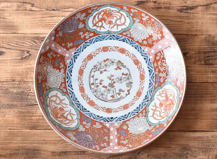 八角皿古伊万里菊文様御所車車輪龍竜雲竜明治色絵付赤絵イ号