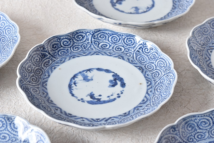 母』 古伊万里 染付 印判 みじん唐草 尺4寸 大皿 （708D②） 母』 古