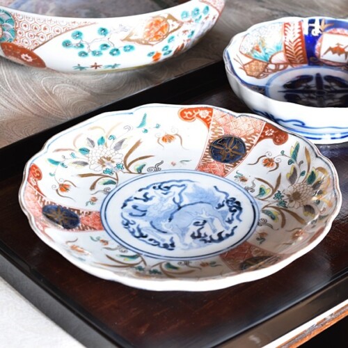 古伊万里 骨董 色絵 金彩 栗に蝶々の図 秋 輪花縁 なます