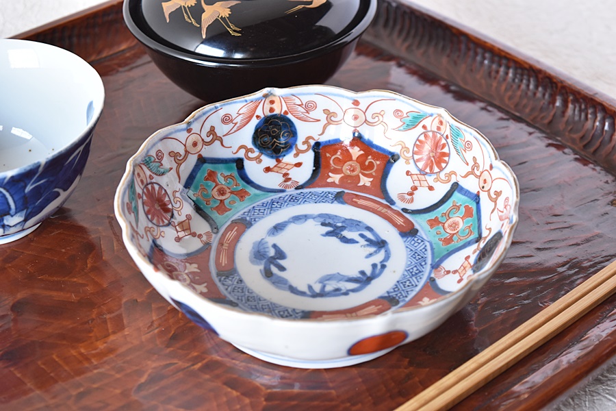 大きな器【m183 麒麟鳳凰窓絵二重高台吉祥染付色絵平鉢骨董】