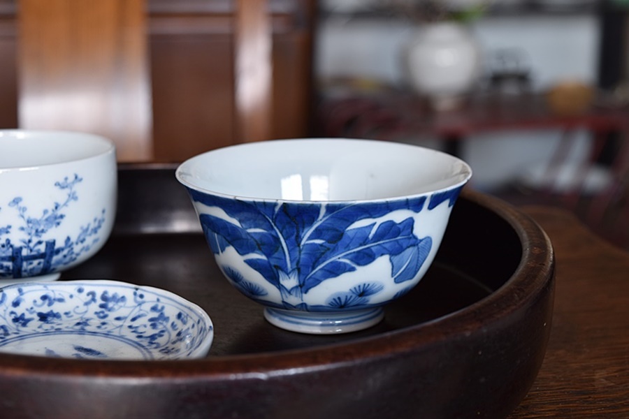 骨董 アンティーク 古伊万里 染付 立涌文様 縞模様 蕎麦猪口 カップ 煎茶碗