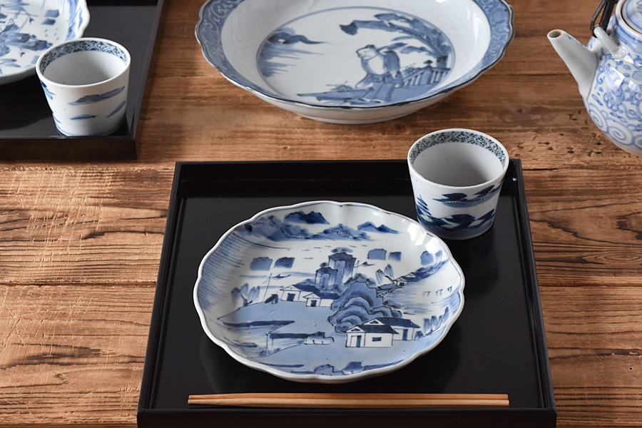 江戸時代 古伊万里山水画染付くらわんか碗 木箱付 江戸時代 古伊万里