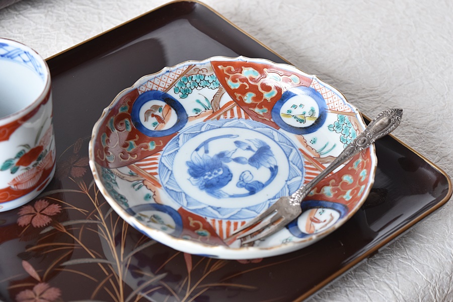 古伊万里色絵 窓絵藤に蝶菊の図膾皿5客C202AS-CWv