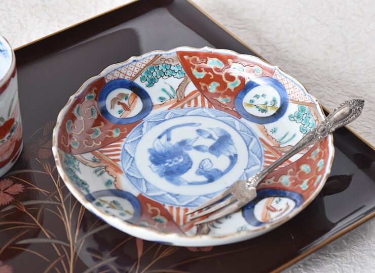 骨董 アンティーク 古伊万里 型物古伊万里 赤絵 色絵 窓絵 花文様 鉢 菓子