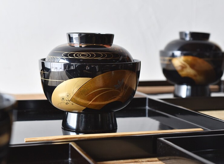 輪島塗 扇面蒔絵 松竹梅蘭菊 流水 雑煮椀 5客セット - 生活骨董と古布