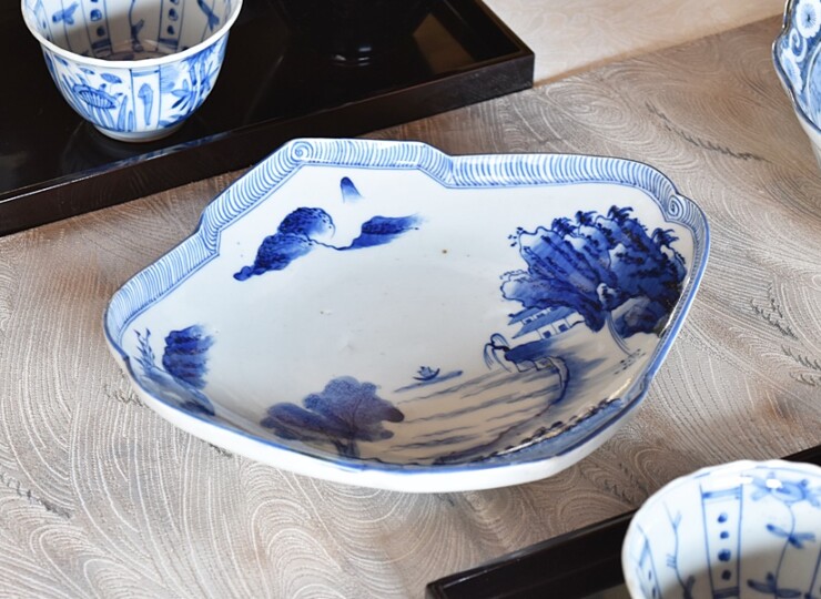 古伊万里 染付小皿 型紙摺印判 山水文 上手型物 骨董品 アンティーク