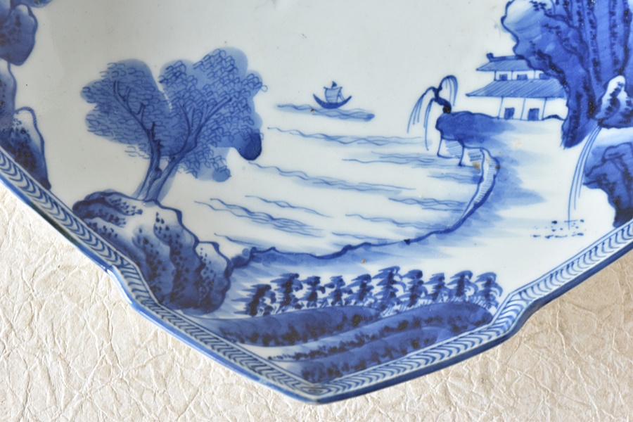 中皿 染付 色絵 風景 山水 古伊万里 銘 富 舟 山 家屋 中皿